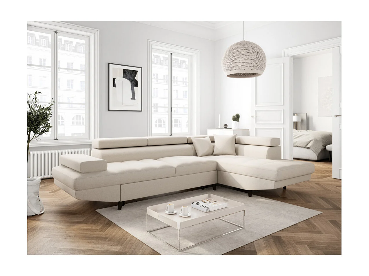 Canapé d'angle droit convertible Rio Scandinave avec coffre en tissu - Beige, Pieds noir - L271 x P192 x H70cm - Loungitude