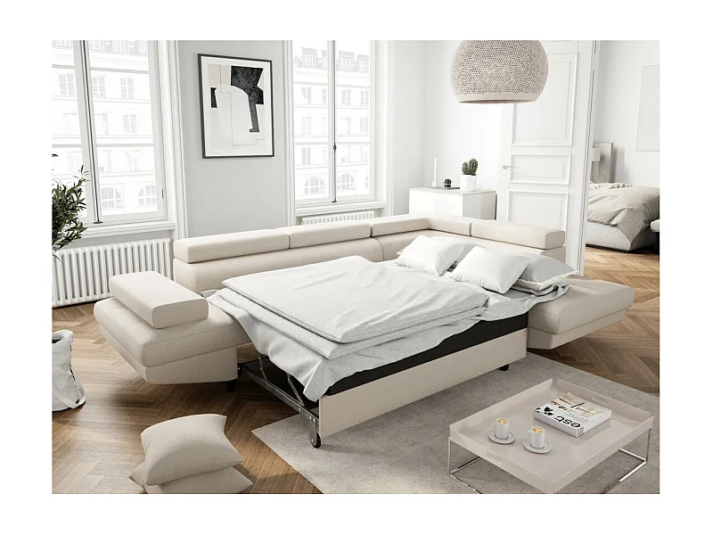 Canapé d'angle droit convertible Rio Scandinave avec coffre en tissu - Beige, Pieds noir - L271 x P192 x H70cm - Loungitude