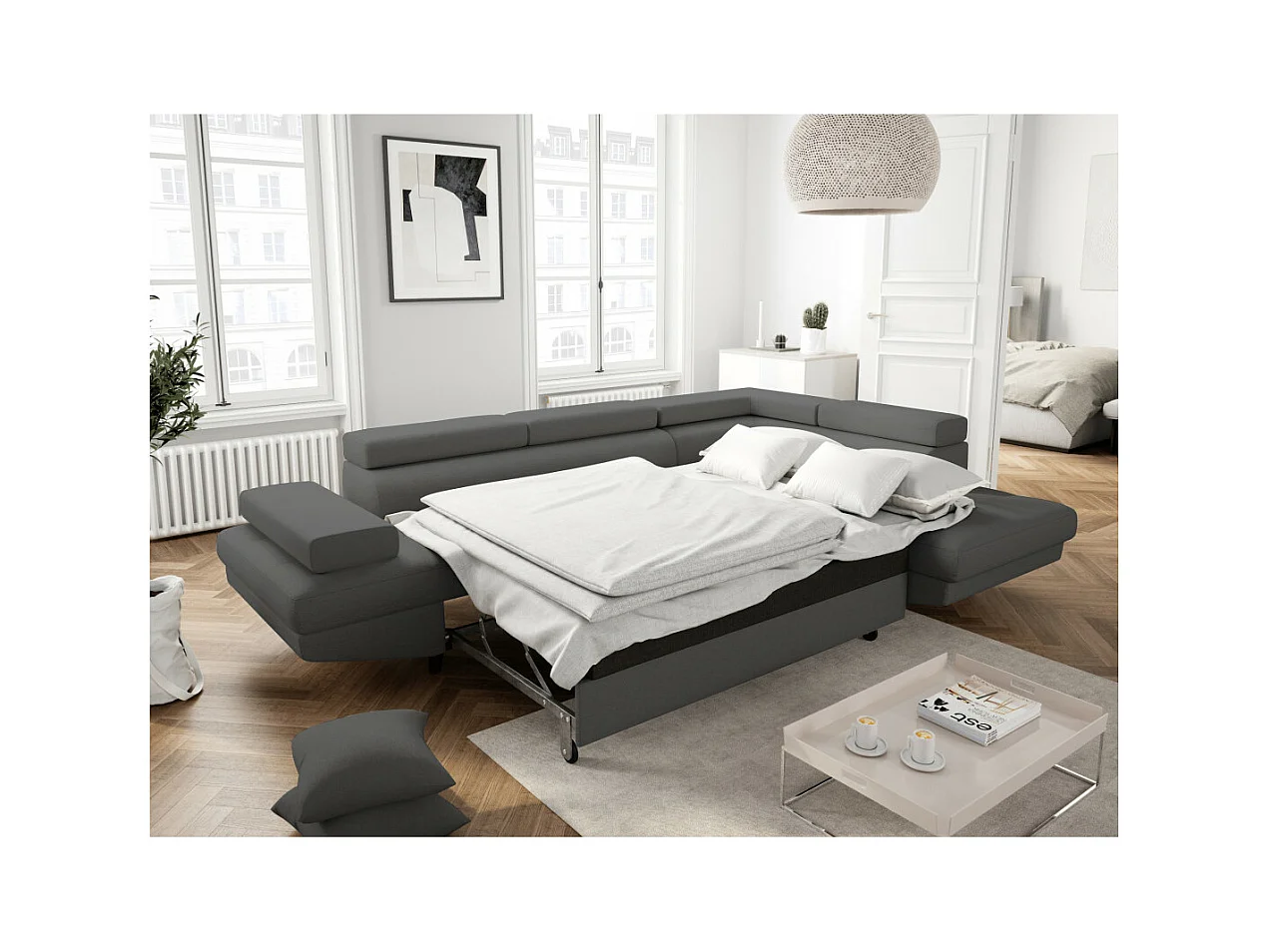 Canapé d'angle droit convertible Rio Scandinave avec coffre en tissu - Gris anthracite, Pieds noir - L271 x P192 x H70cm - Loungitude