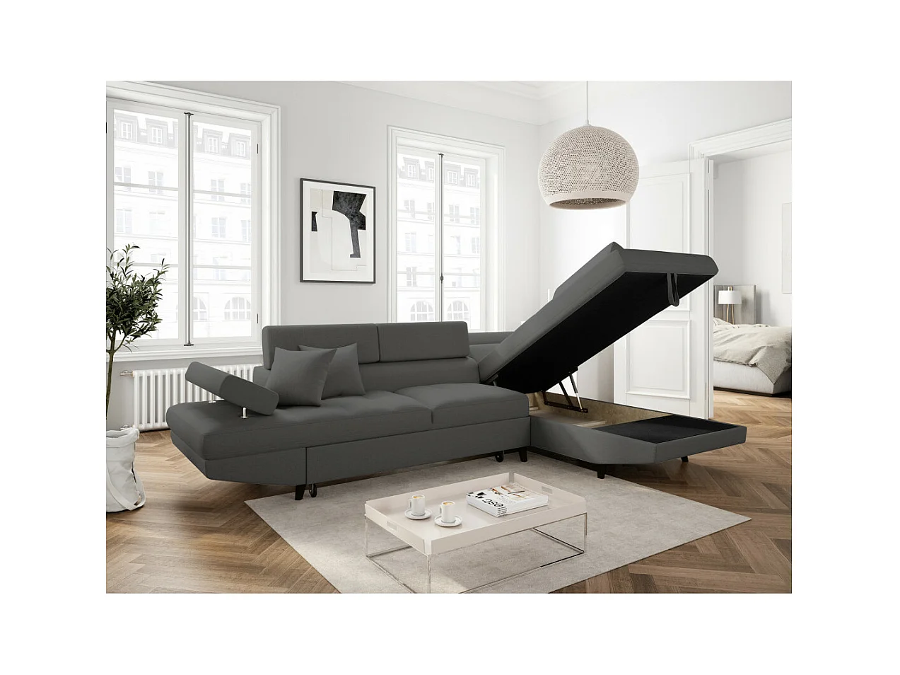 Canapé d'angle droit convertible Rio Scandinave avec coffre en tissu - Gris anthracite, Pieds noir - L271 x P192 x H70cm - Loungitude