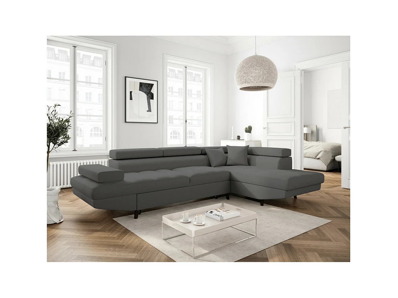 Canapé d'angle droit convertible Rio Scandinave avec coffre en tissu - Gris anthracite, Pieds noir - L271 x P192 x H70cm - Loungitude