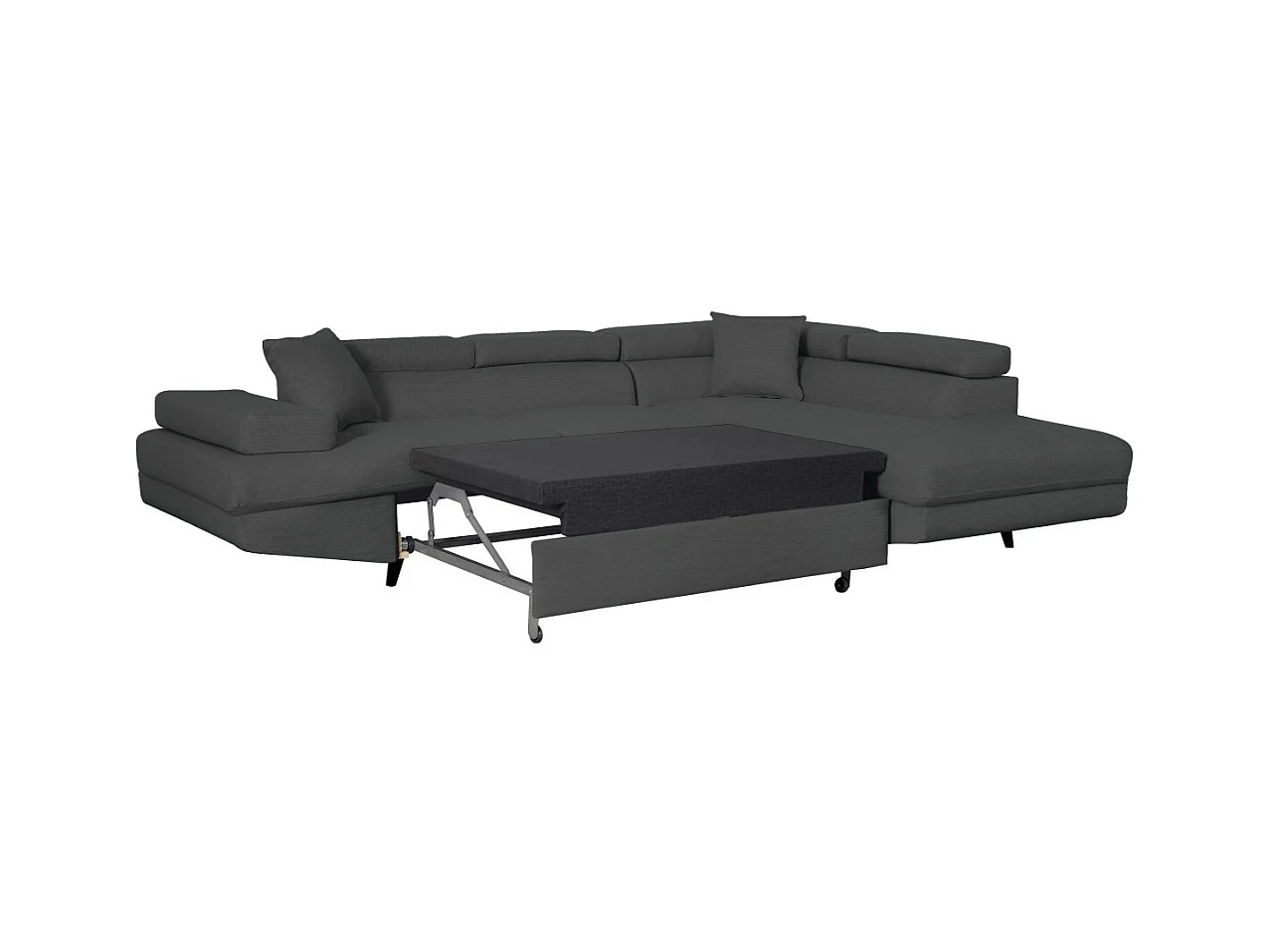 Canapé d'angle droit convertible Rio Scandinave avec coffre en tissu - Gris anthracite, Pieds noir - L271 x P192 x H70cm - Loungitude