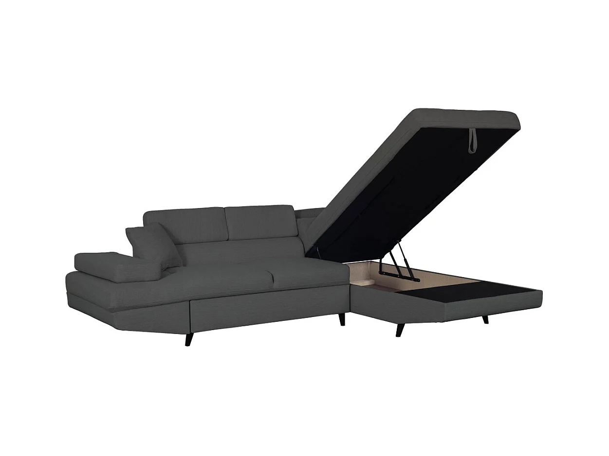 Canapé d'angle droit convertible Rio Scandinave avec coffre en tissu - Gris anthracite, Pieds noir - L271 x P192 x H70cm - Loungitude