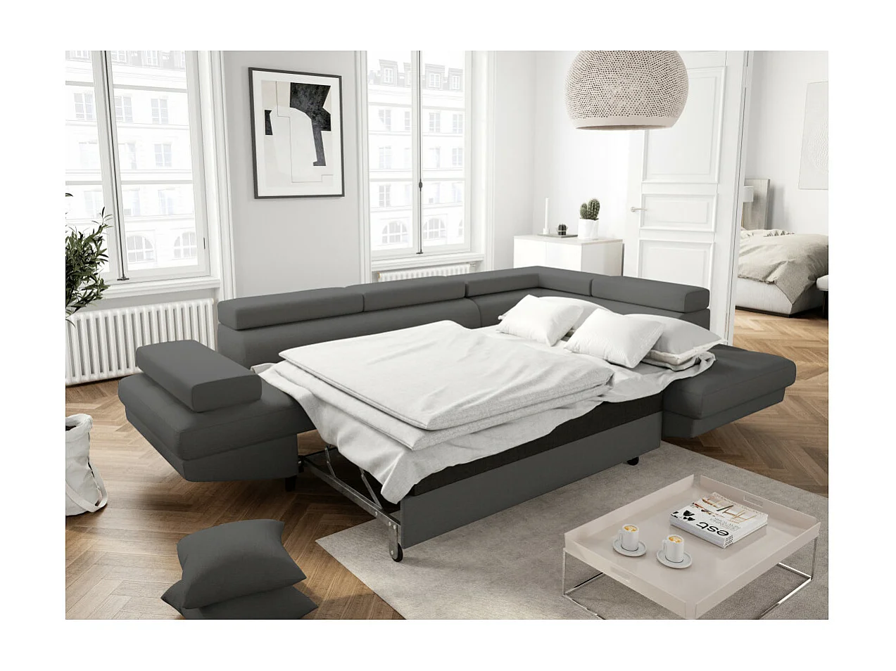 Canapé d'angle droit convertible Rio Scandinave avec coffre en tissu - Gris anthracite, Pieds noir - L271 x P192 x H70cm - Loungitude