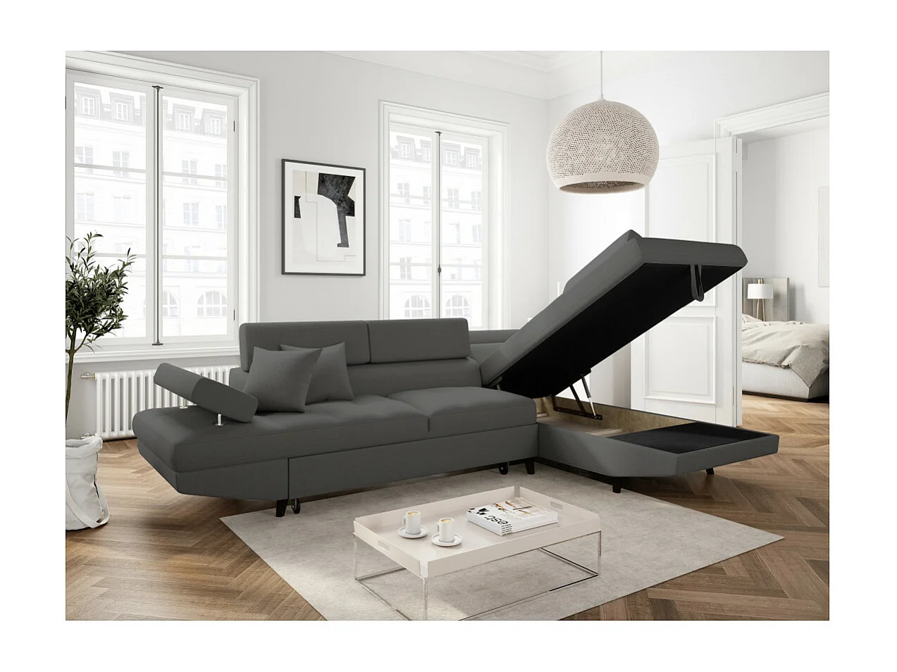 Canapé d'angle droit convertible Rio Scandinave avec coffre en tissu - Gris anthracite, Pieds noir - L271 x P192 x H70cm - Loungitude