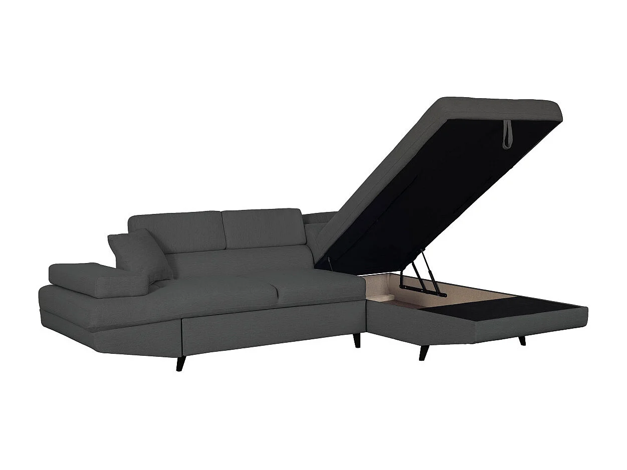 Canapé d'angle droit convertible Rio Scandinave avec coffre en tissu - Gris anthracite, Pieds noir - L271 x P192 x H70cm - Loungitude