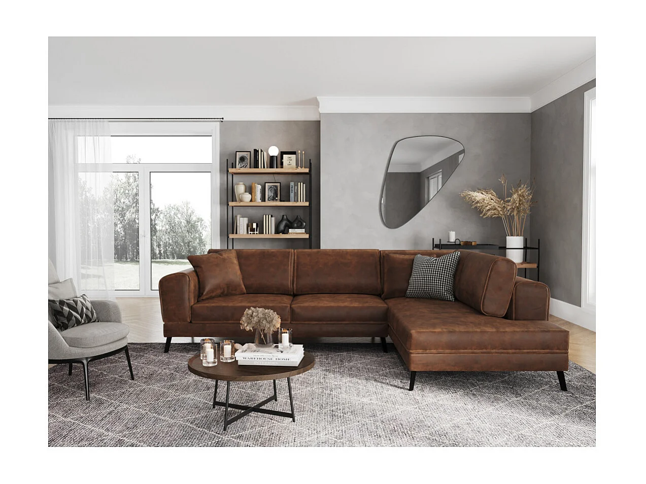 Canapé d'angle convertible 4 places avec coffre en tissu marron