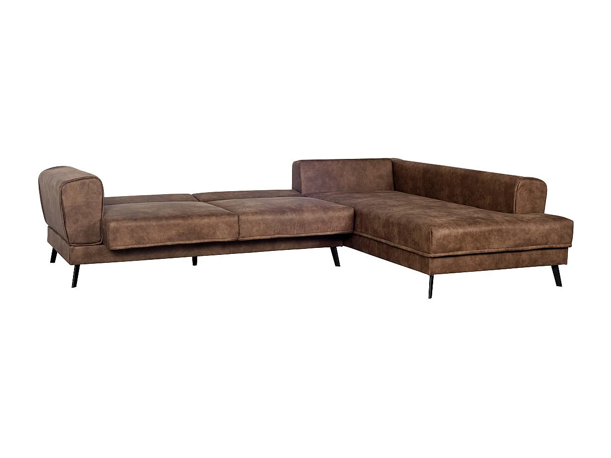 Canapé d'angle convertible 4 places avec coffre en tissu marron