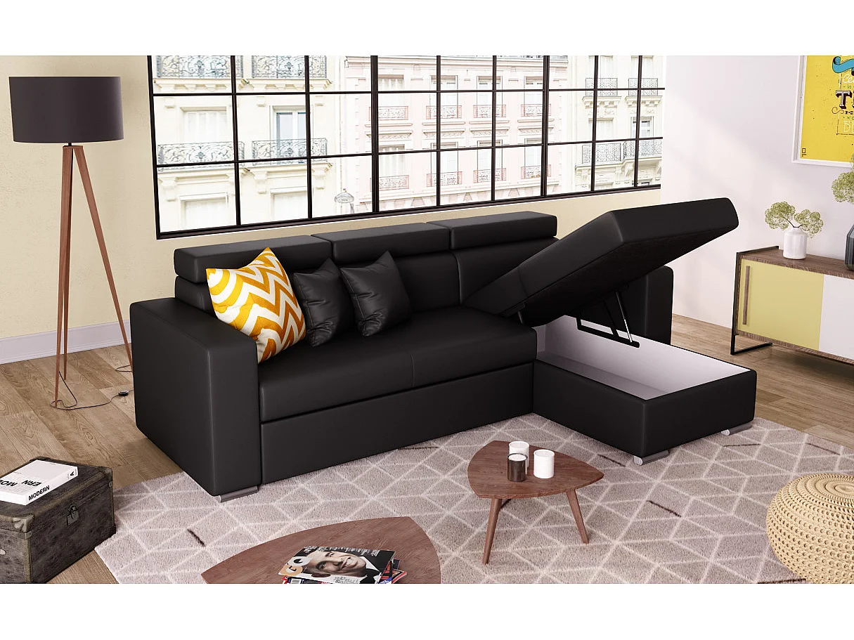 Canapé d'angle LESLIE Convertible et Réversible en Simili - Noir