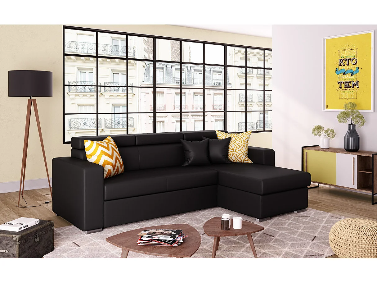 Canapé d'angle LESLIE Convertible et Réversible en Simili - Noir