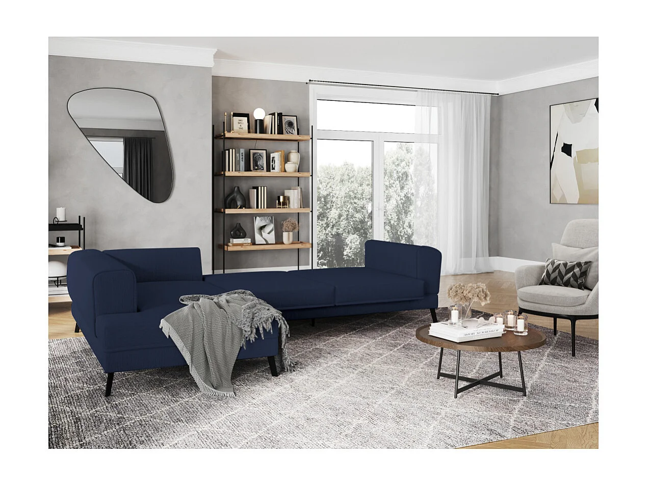 Canapé d'angle gauche 4 places India convertible 2 coffres en tissu - Bleu foncé - L304 x 212 x 86cm - Loungitude
