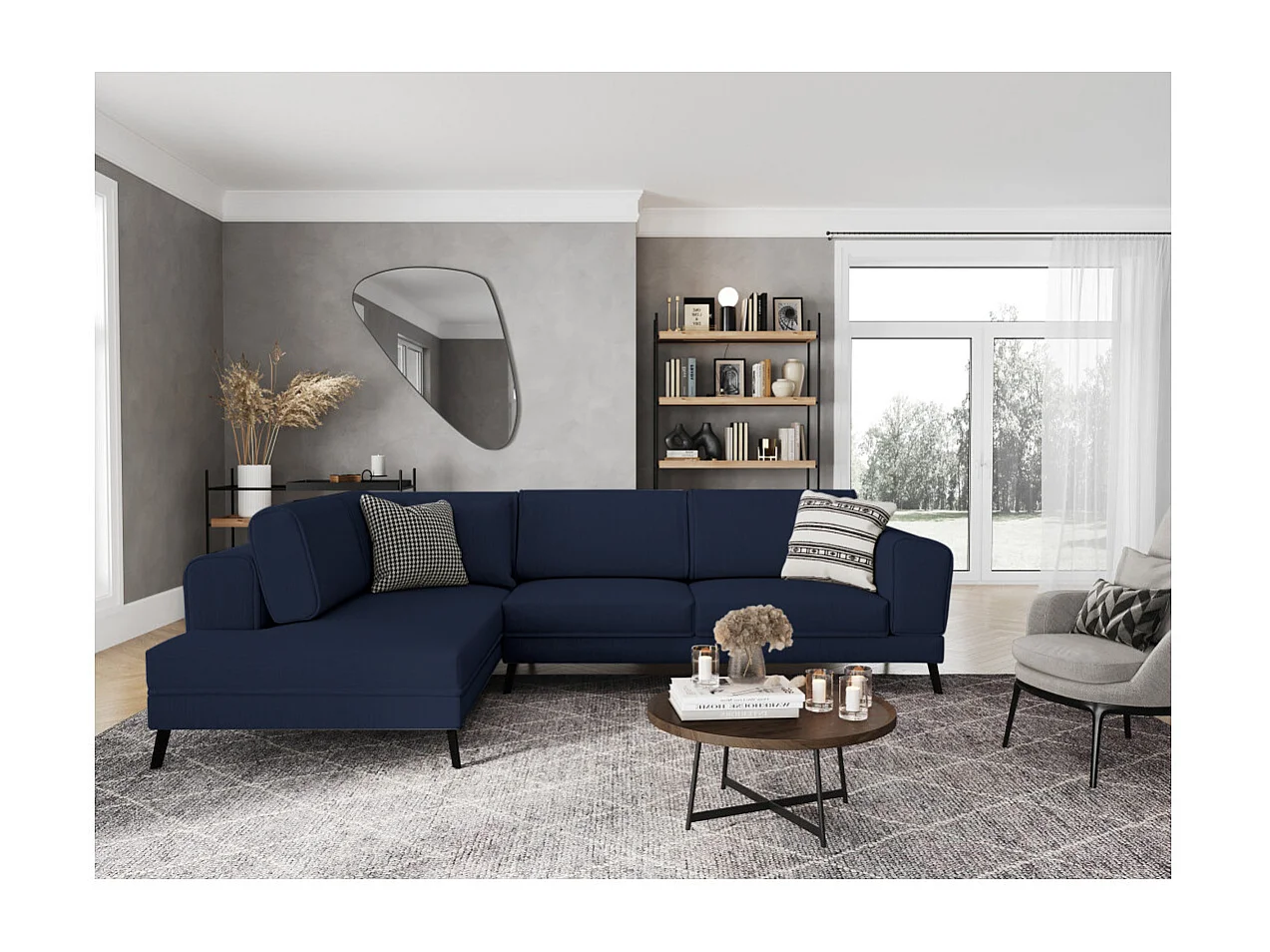 Canapé d'angle gauche 4 places India convertible 2 coffres en tissu - Bleu foncé - L304 x 212 x 86cm - Loungitude
