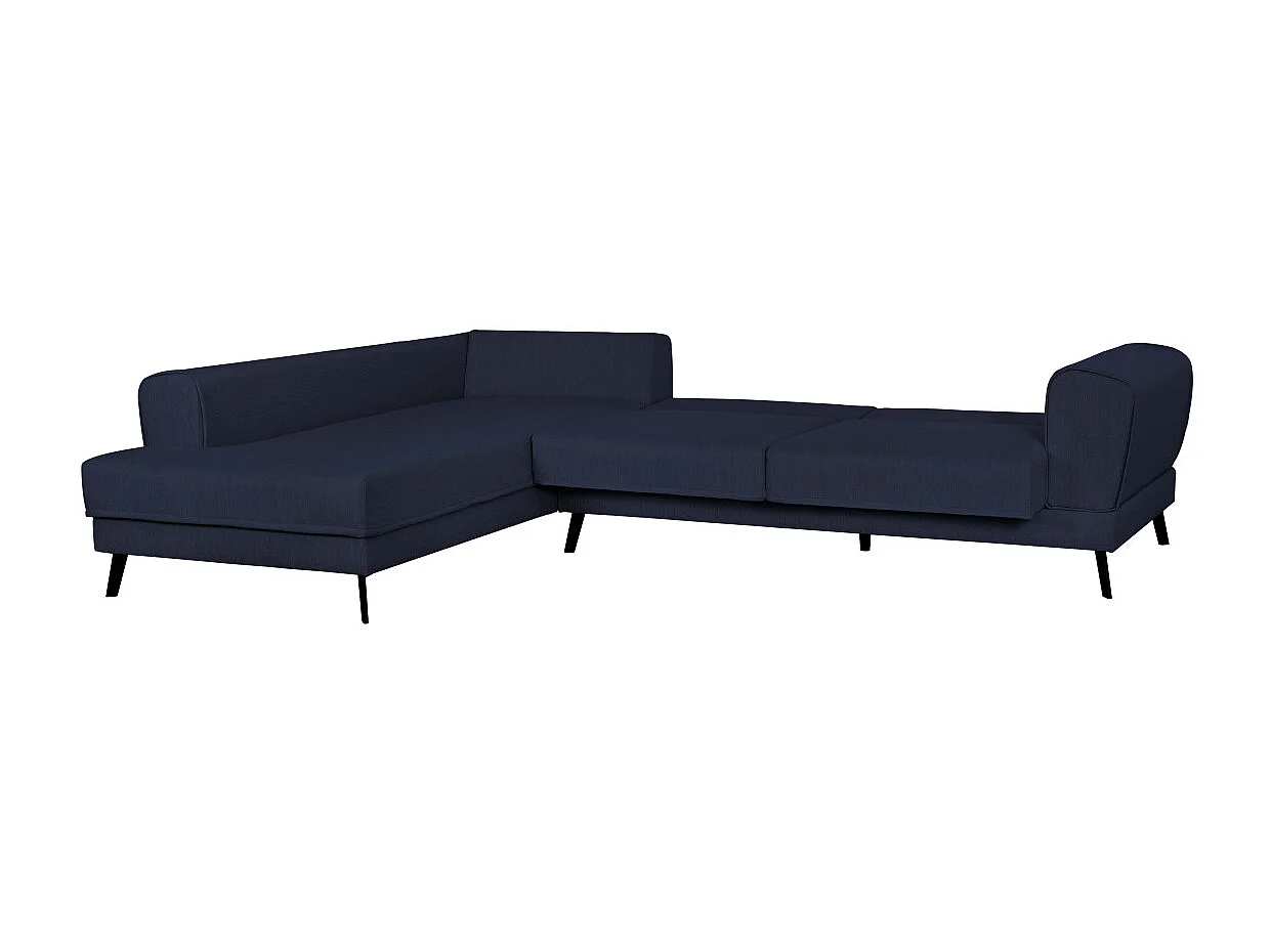 Canapé d'angle gauche 4 places India convertible 2 coffres en tissu - Bleu foncé - L304 x 212 x 86cm - Loungitude