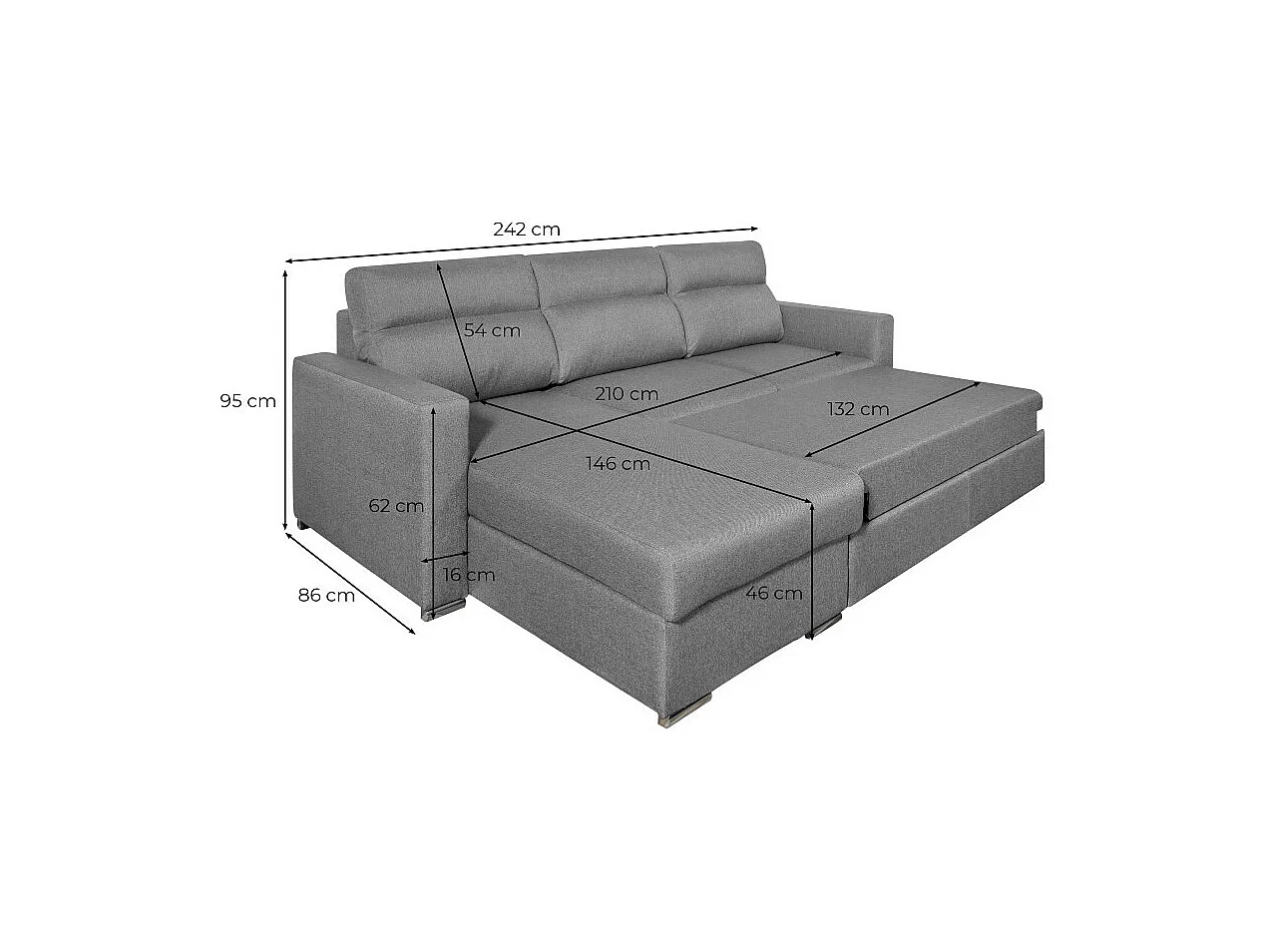 Canapé d'angle 4 places Kei réversible convertible en tissu - Bleu pétrole - L242 x P177 x H95cm - Loungitude