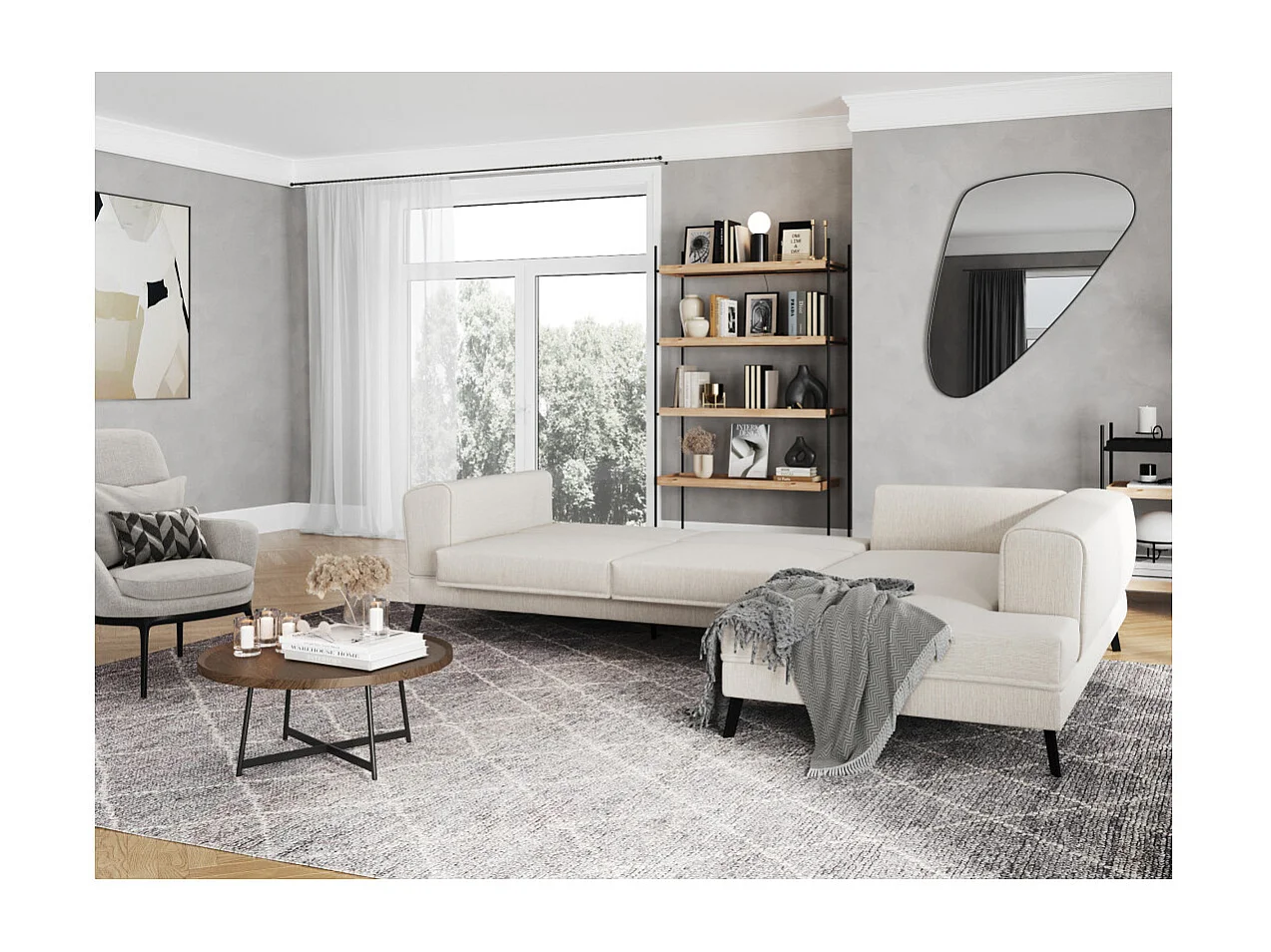 Canapé d'angle droit 4 places India convertible 2 coffres en tissu - Beige - L304 x 212 x 86cm - Loungitude
