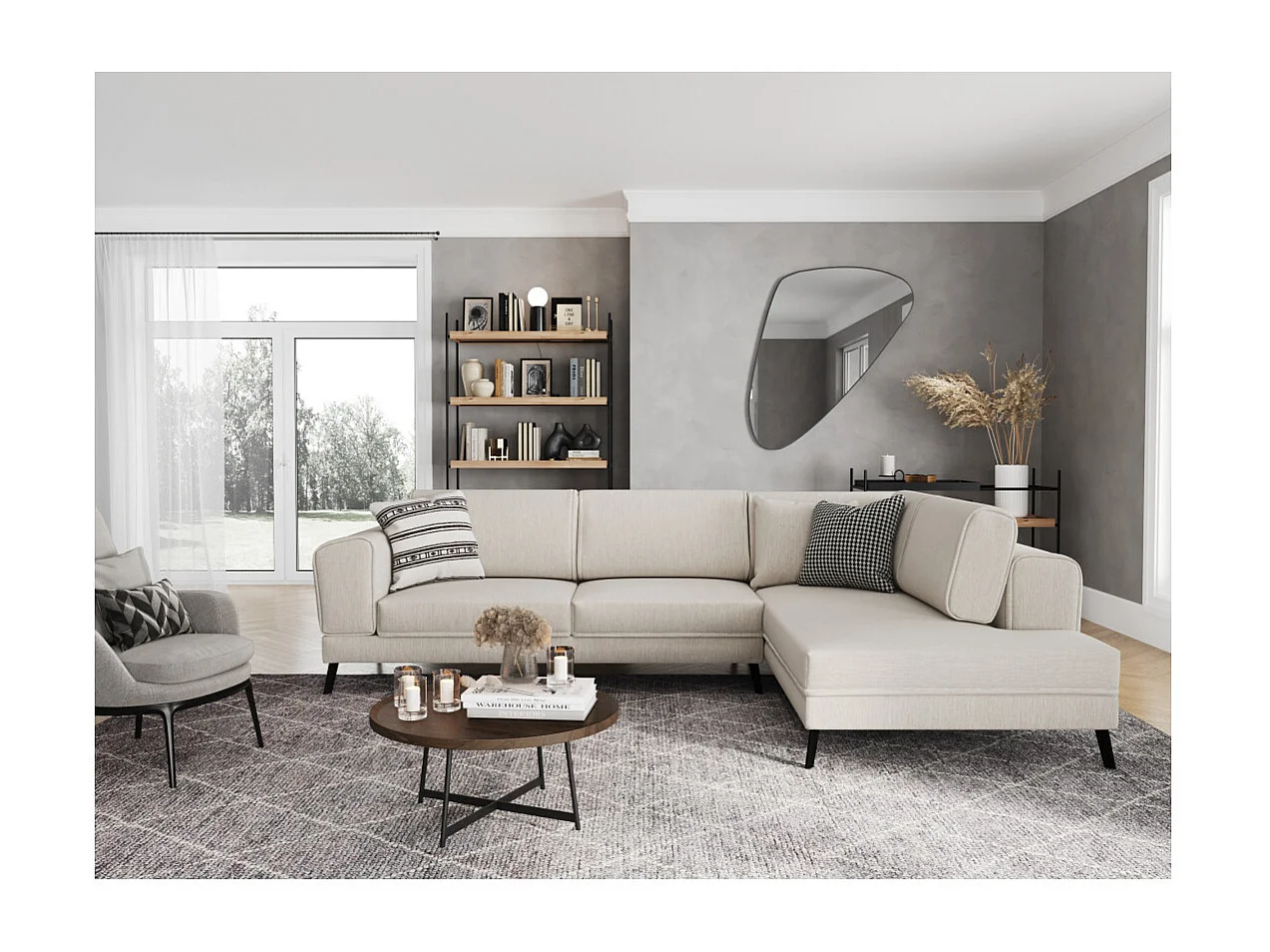 Canapé d'angle droit 4 places India convertible 2 coffres en tissu - Beige - L304 x 212 x 86cm - Loungitude