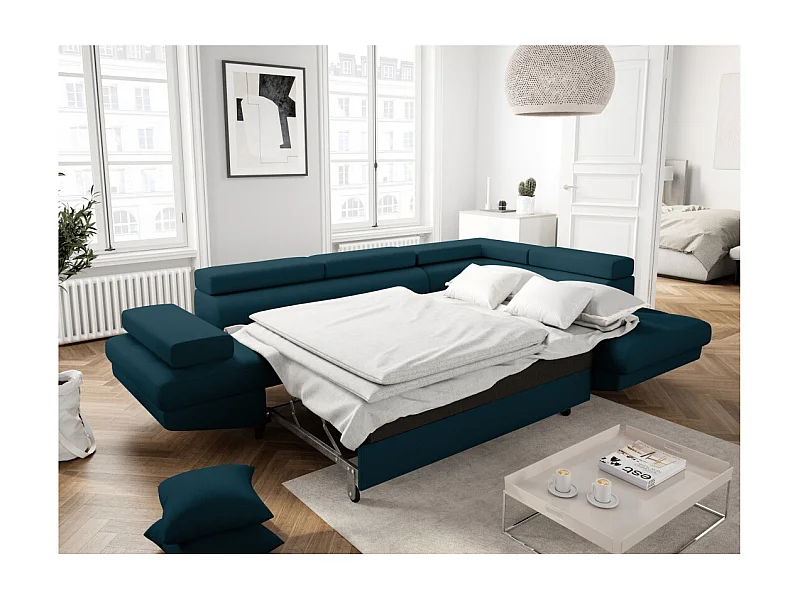 Canapé d'angle droit convertible Rio Scandinave avec coffre en tissu - Bleu, Pieds noir - L271 x P192 x H70cm - Loungitude