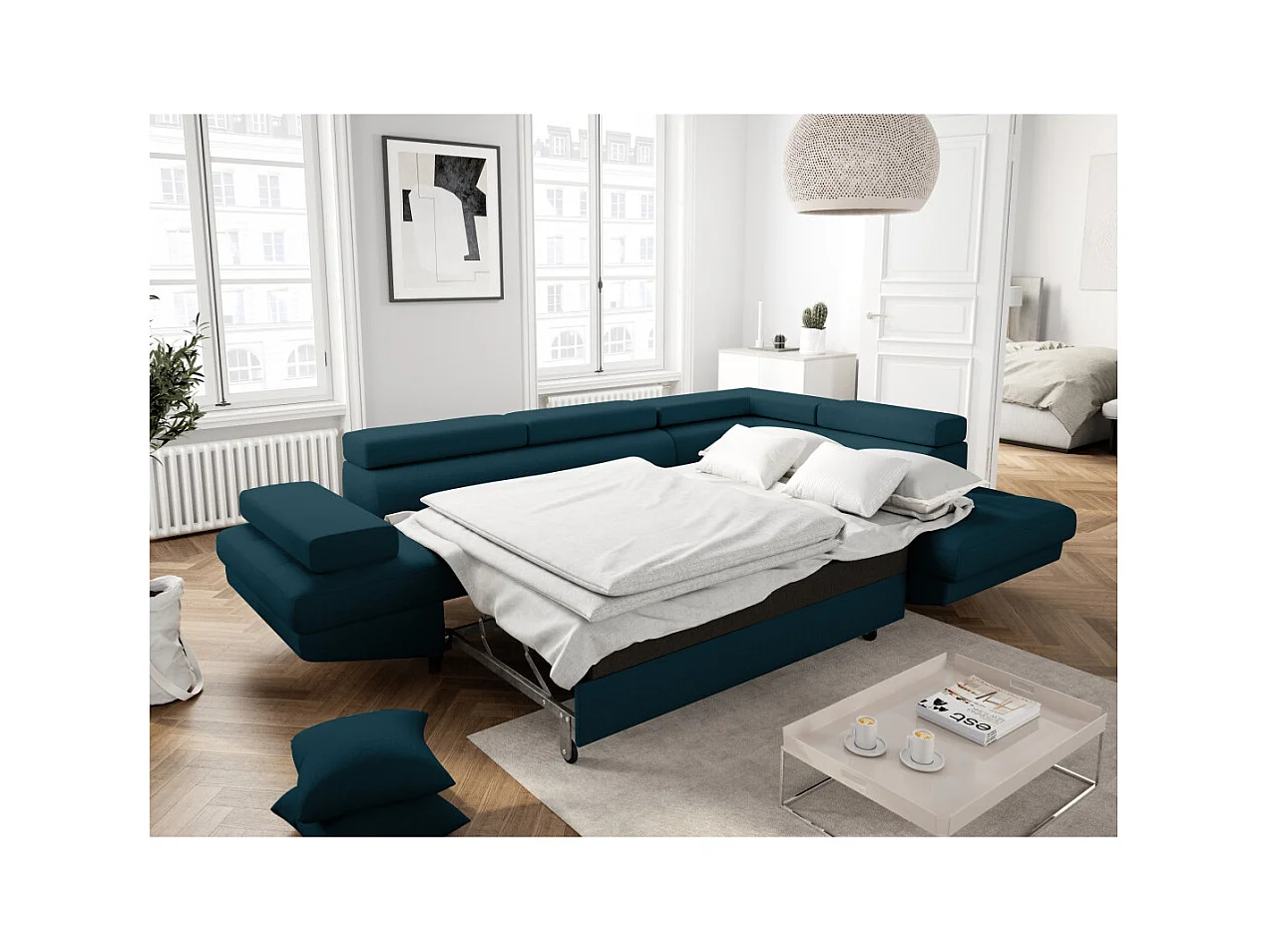 Canapé d'angle droit convertible Rio Scandinave avec coffre en tissu - Bleu, Pieds noir - L271 x P192 x H70cm - Loungitude