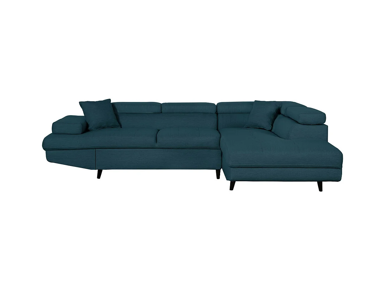 Canapé d'angle droit convertible Rio Scandinave avec coffre en tissu - Bleu, Pieds noir - L271 x P192 x H70cm - Loungitude