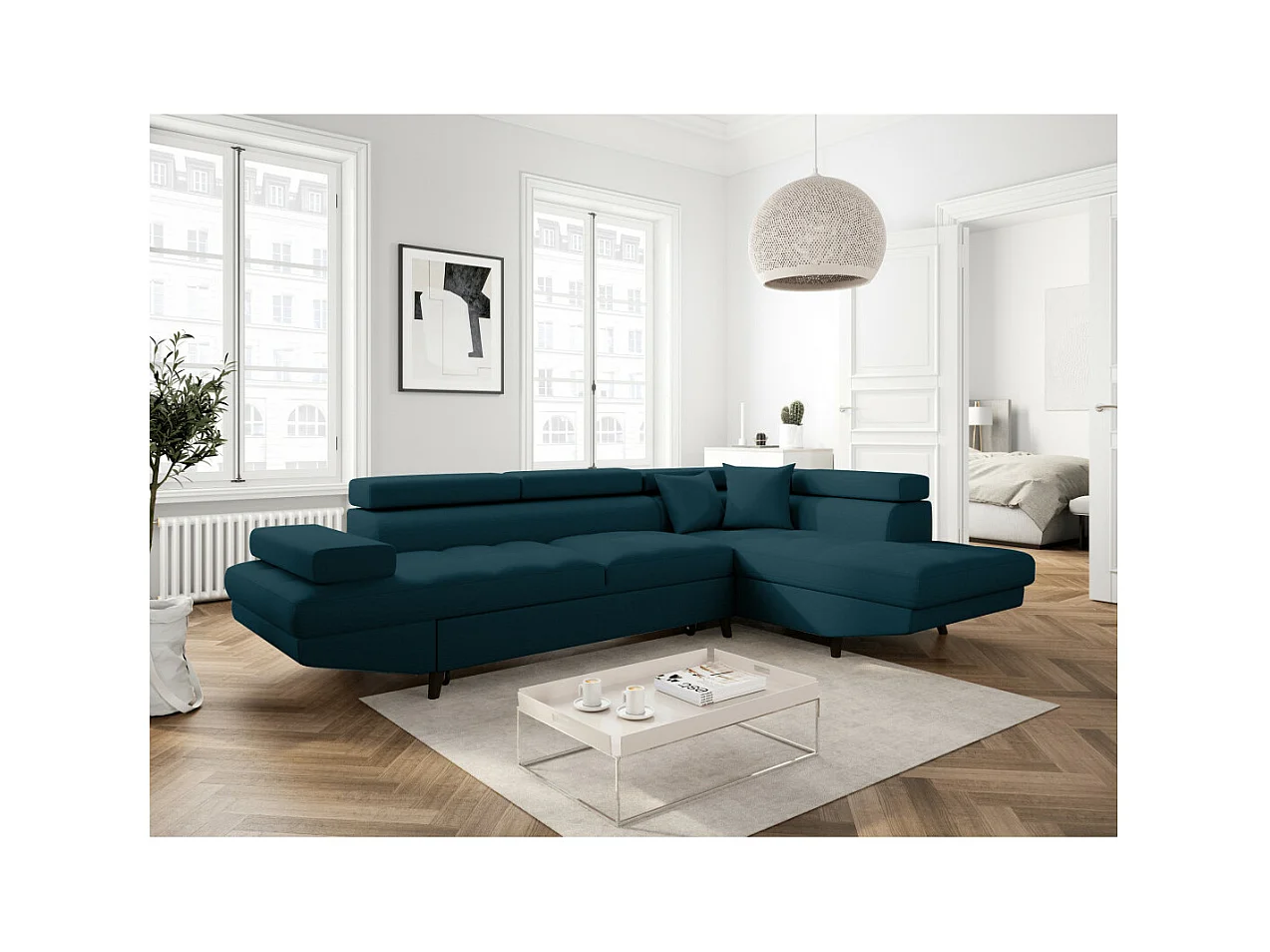 Canapé d'angle droit convertible Rio Scandinave avec coffre en tissu - Bleu, Pieds noir - L271 x P192 x H70cm - Loungitude