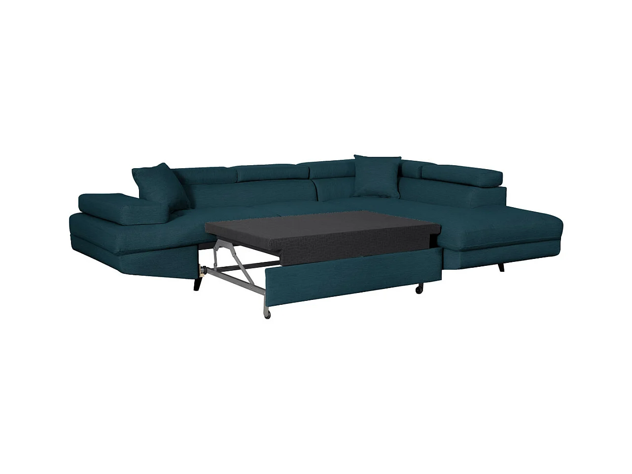 Canapé d'angle droit convertible Rio Scandinave avec coffre en tissu - Bleu, Pieds noir - L271 x P192 x H70cm - Loungitude