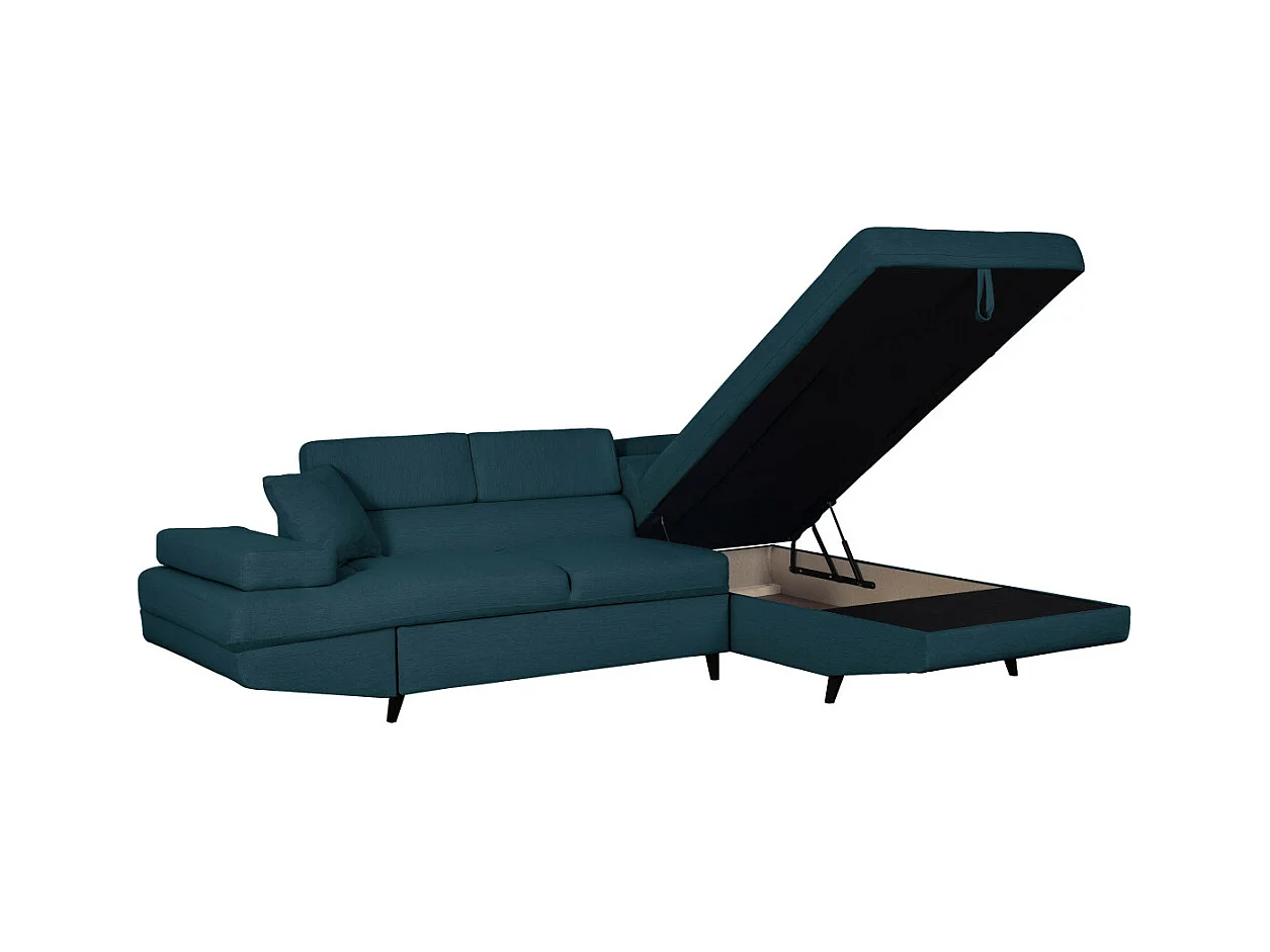 Canapé d'angle droit convertible Rio Scandinave avec coffre en tissu - Bleu, Pieds noir - L271 x P192 x H70cm - Loungitude