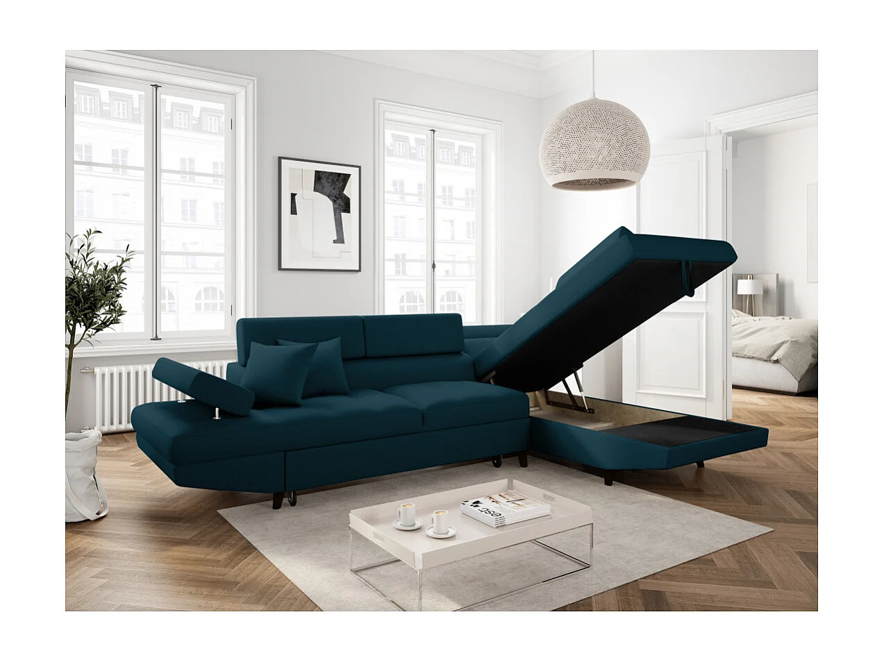 Canapé d'angle droit convertible Rio Scandinave avec coffre en tissu - Bleu, Pieds noir - L271 x P192 x H70cm - Loungitude