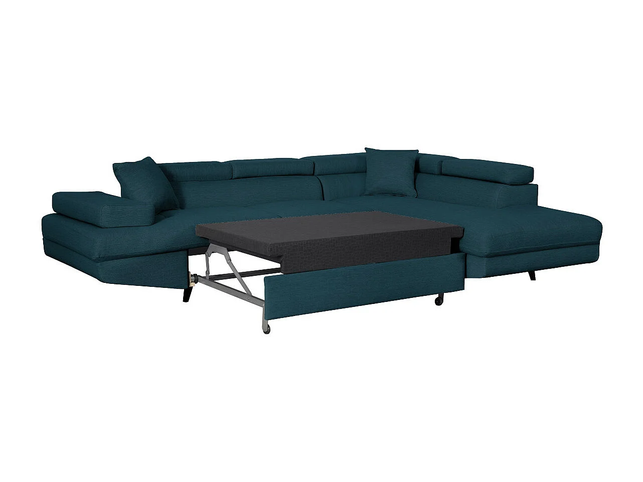Canapé d'angle droit convertible Rio Scandinave avec coffre en tissu - Bleu, Pieds noir - L271 x P192 x H70cm - Loungitude