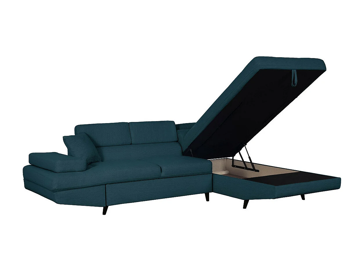 Canapé d'angle droit convertible Rio Scandinave avec coffre en tissu - Bleu, Pieds noir - L271 x P192 x H70cm - Loungitude