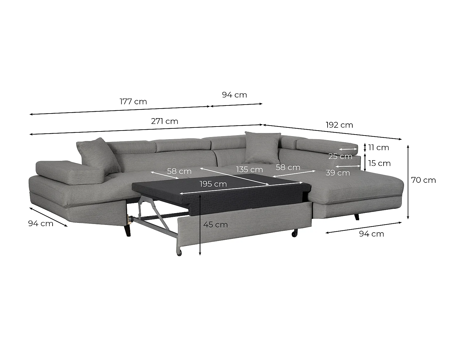 Canapé d'angle droit convertible Rio Scandinave avec coffre en tissu - Bleu, Pieds noir - L271 x P192 x H70cm - Loungitude