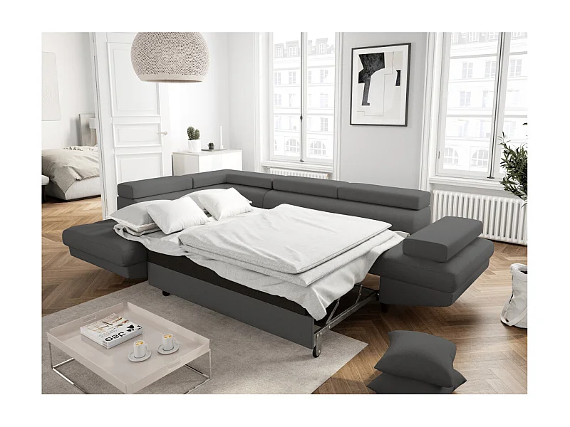 Canapé d'angle gauche convertible Rio Scandinave avec coffre en tissu - Gris anthracite, Pieds noir - L271 x P192 x H70cm - Loungitude
