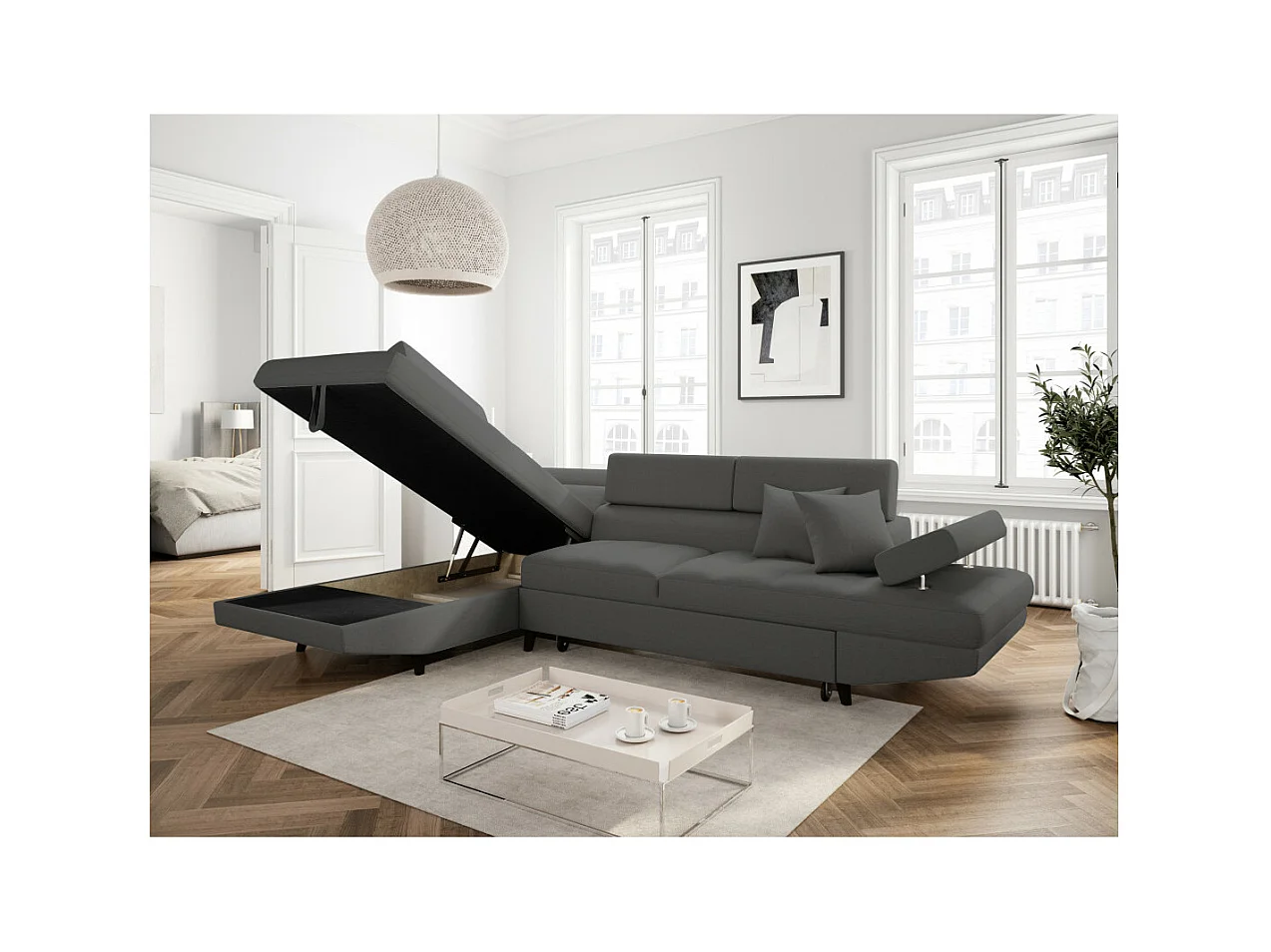 Canapé d'angle gauche convertible Rio Scandinave avec coffre en tissu - Gris anthracite, Pieds noir - L271 x P192 x H70cm - Loungitude