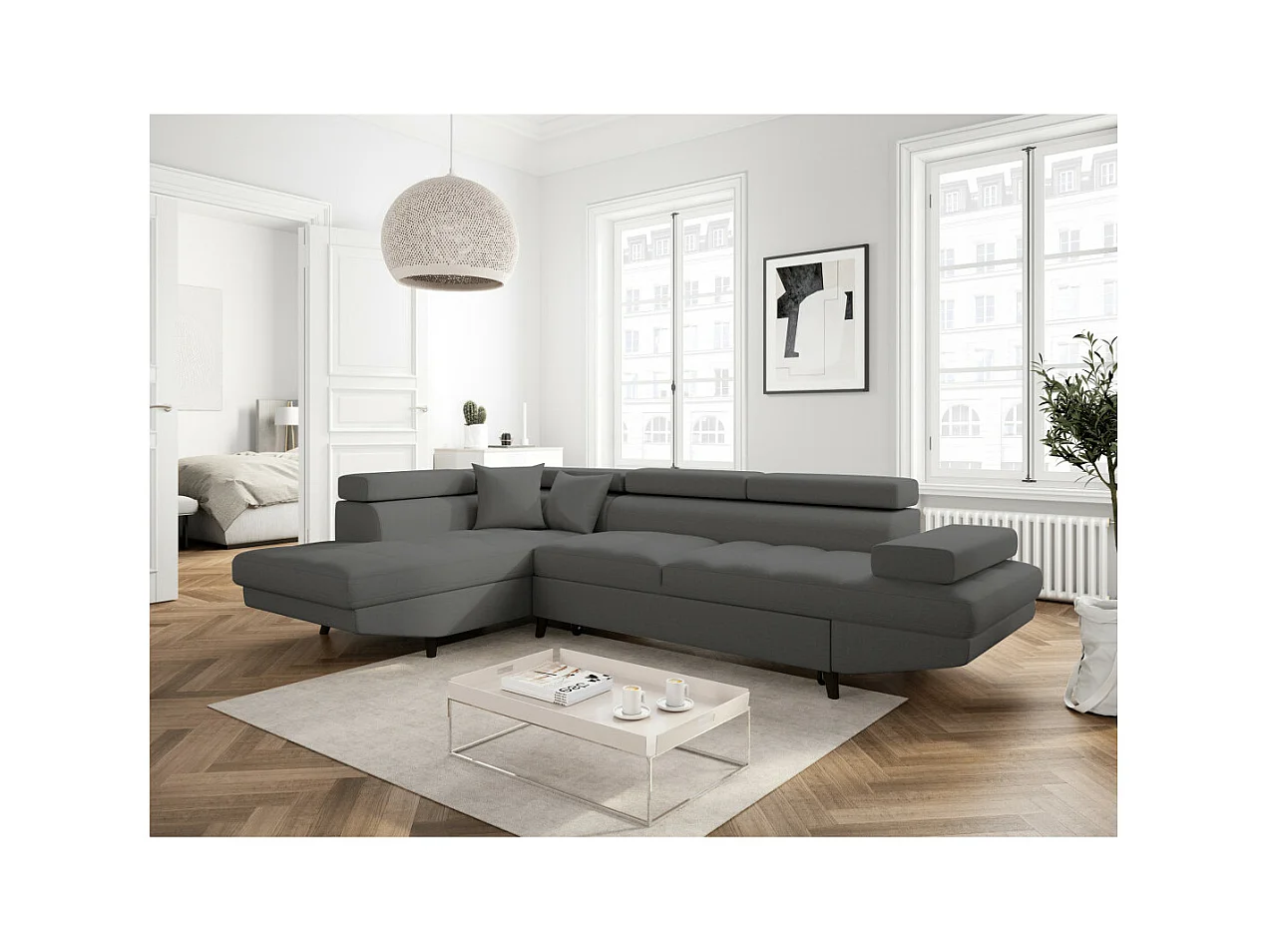 Canapé d'angle gauche convertible Rio Scandinave avec coffre en tissu - Gris anthracite, Pieds noir - L271 x P192 x H70cm - Loungitude