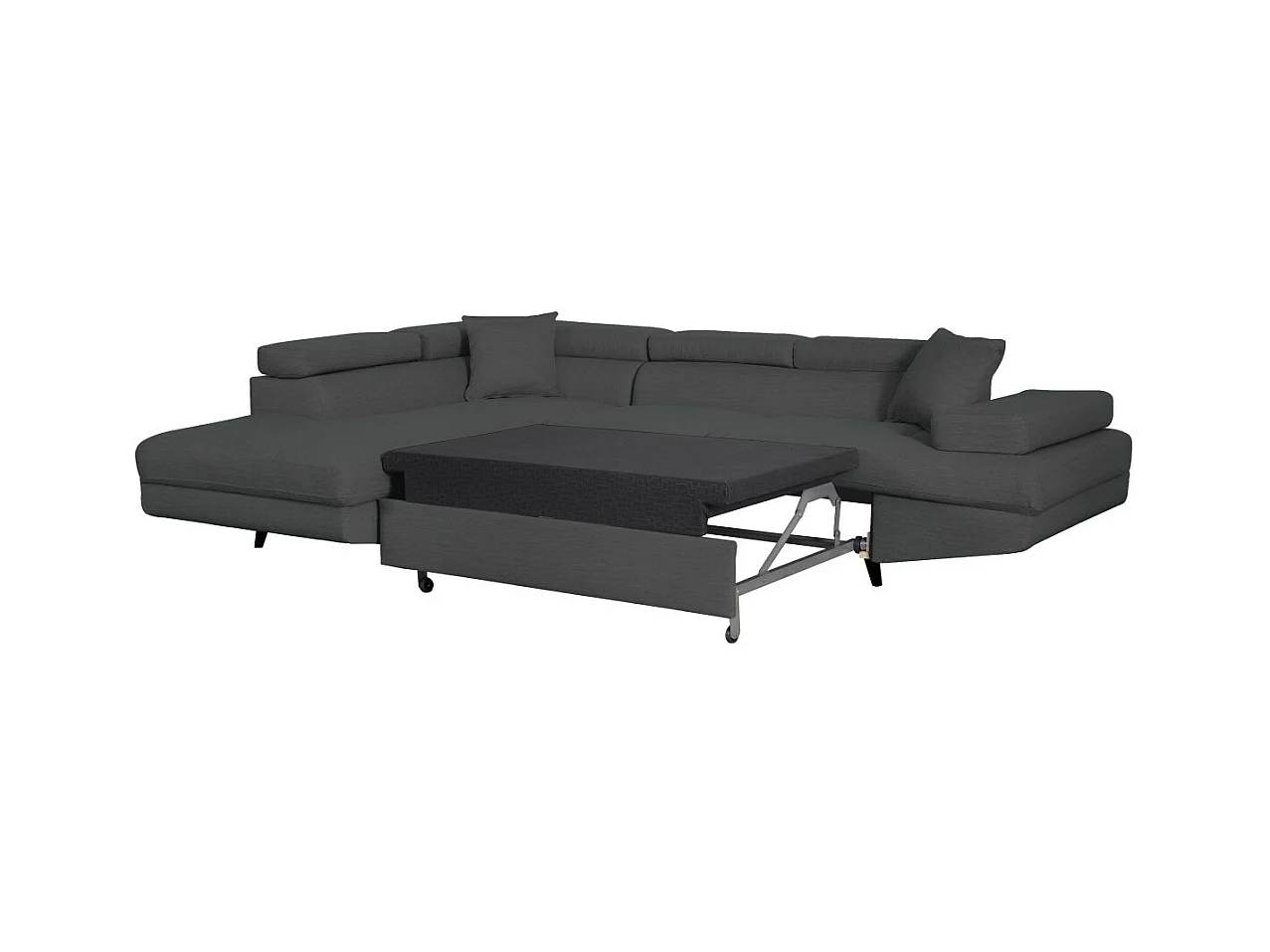 Canapé d'angle gauche convertible Rio Scandinave avec coffre en tissu - Gris anthracite, Pieds noir - L271 x P192 x H70cm - Loungitude