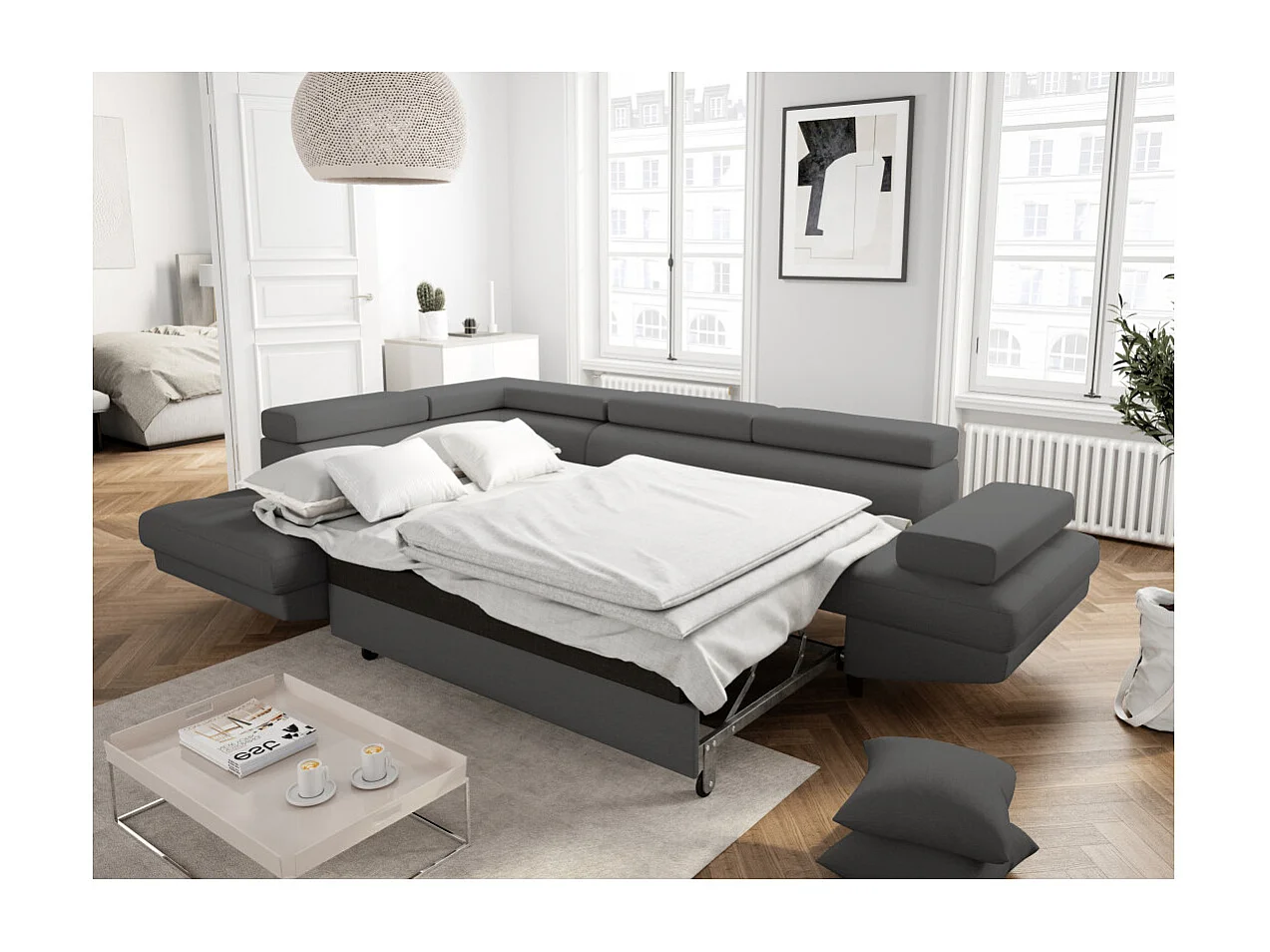 Canapé d'angle gauche convertible Rio Scandinave avec coffre en tissu - Gris anthracite, Pieds noir - L271 x P192 x H70cm - Loungitude