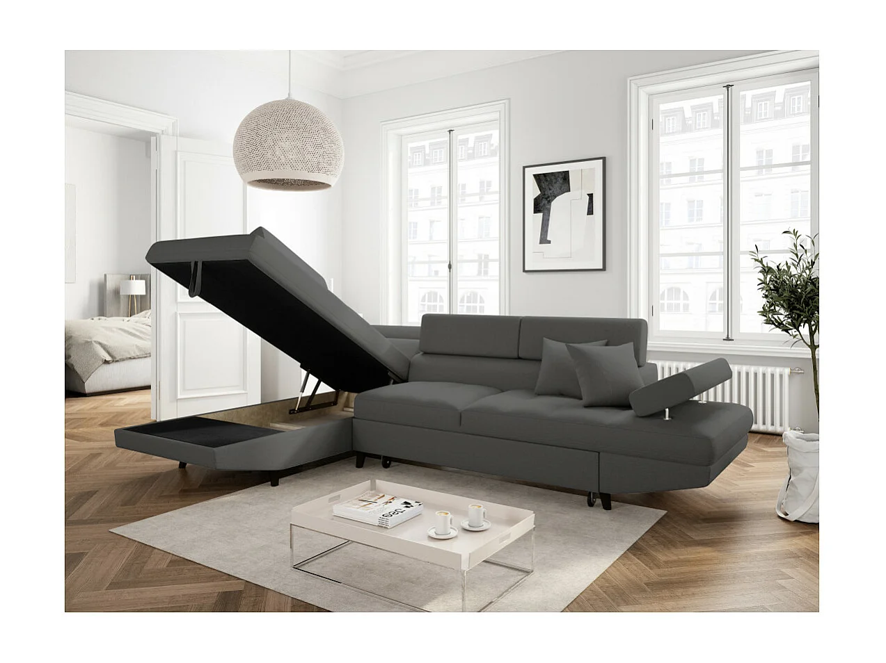 Canapé d'angle gauche convertible Rio Scandinave avec coffre en tissu - Gris anthracite, Pieds noir - L271 x P192 x H70cm - Loungitude