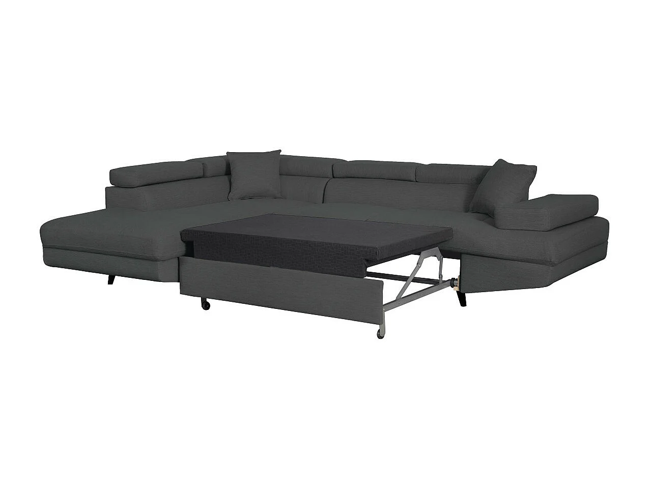 Canapé d'angle gauche convertible Rio Scandinave avec coffre en tissu - Gris anthracite, Pieds noir - L271 x P192 x H70cm - Loungitude