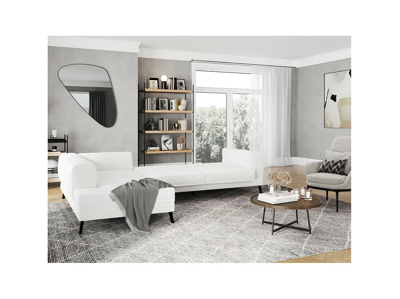 Canapé d'angle gauche 4 places India convertible 2 coffres en bouclettes - Blanc - L304 x 212 x 86cm - Loungitude