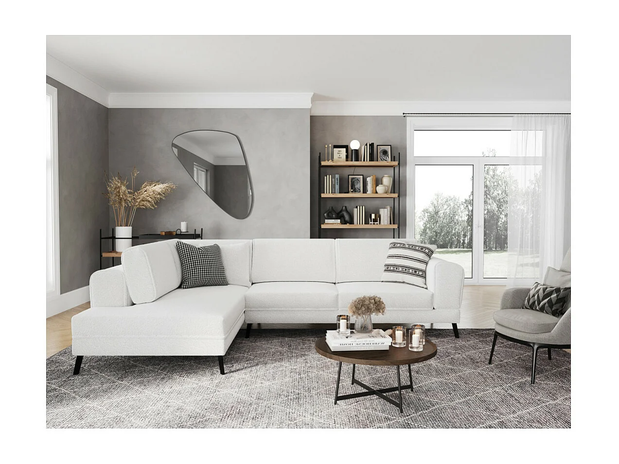 Canapé d'angle gauche 4 places India convertible 2 coffres en bouclettes - Blanc - L304 x 212 x 86cm - Loungitude