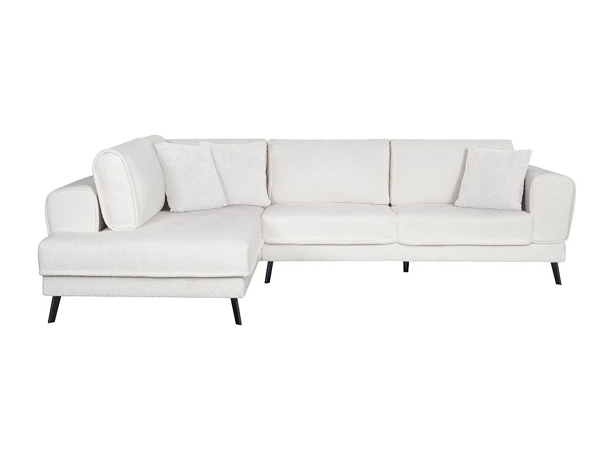 Canapé d'angle gauche 4 places India convertible 2 coffres en bouclettes - Blanc - L304 x 212 x 86cm - Loungitude