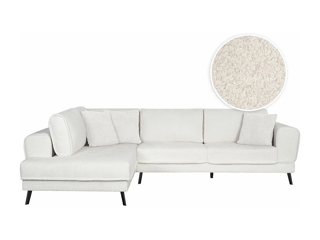 Canapé d'angle gauche 4 places India convertible 2 coffres en bouclettes - Blanc - L304 x 212 x 86cm - Loungitude