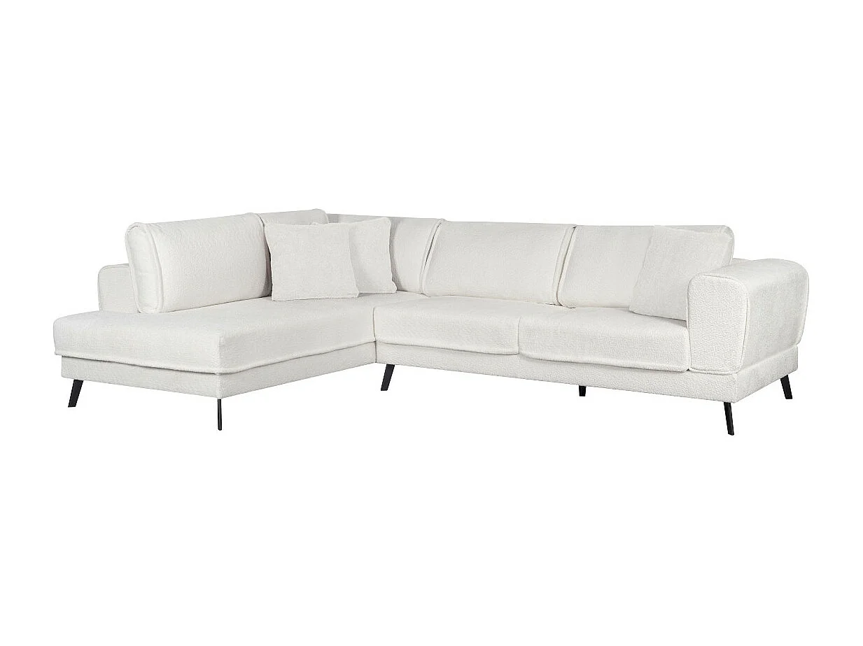Canapé d'angle gauche 4 places India convertible 2 coffres en bouclettes - Blanc - L304 x 212 x 86cm - Loungitude
