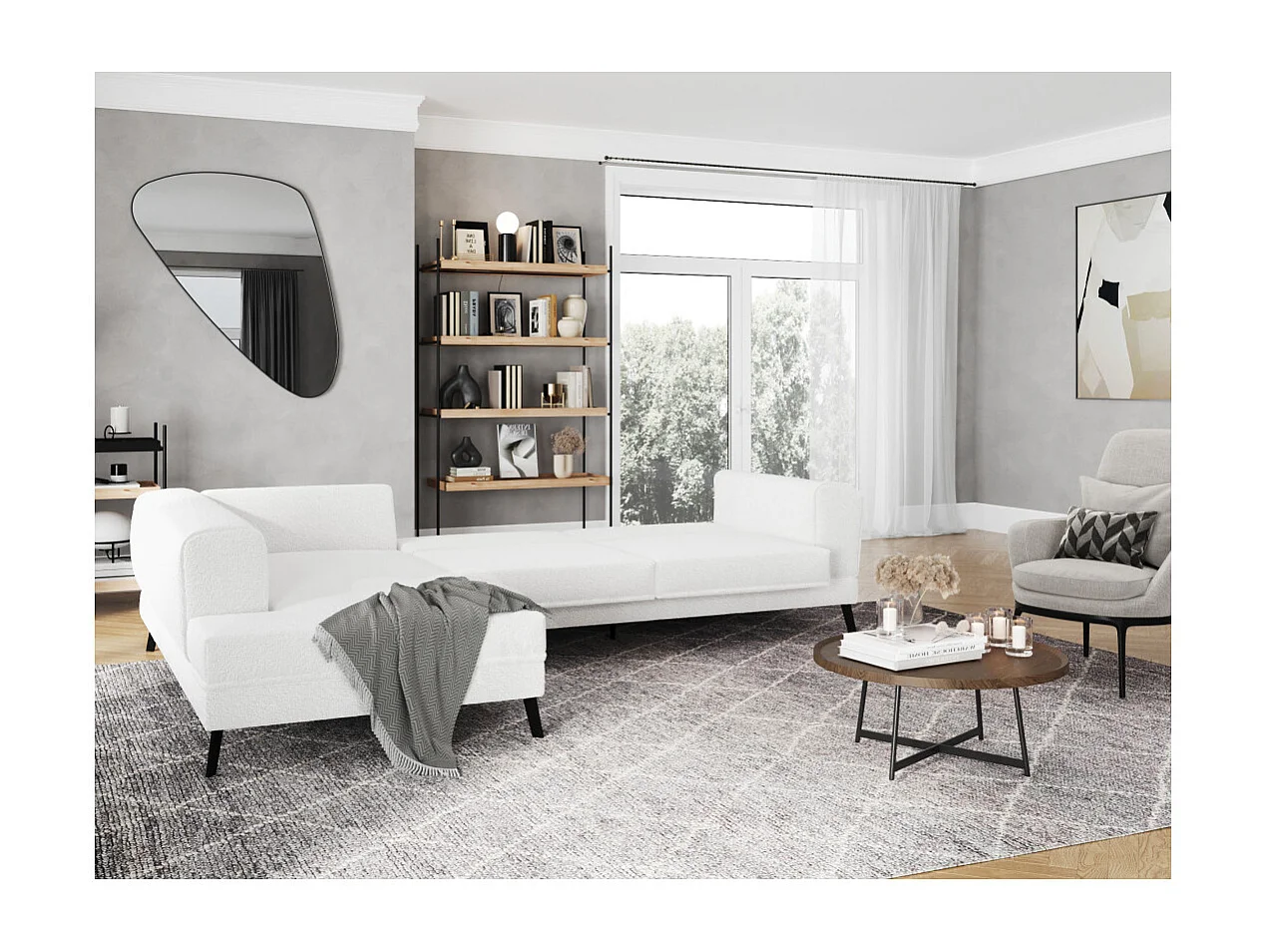 Canapé d'angle gauche 4 places India convertible 2 coffres en bouclettes - Blanc - L304 x 212 x 86cm - Loungitude