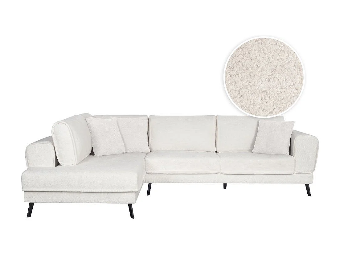 Canapé d'angle gauche 4 places India convertible 2 coffres en bouclettes - Blanc - L304 x 212 x 86cm - Loungitude