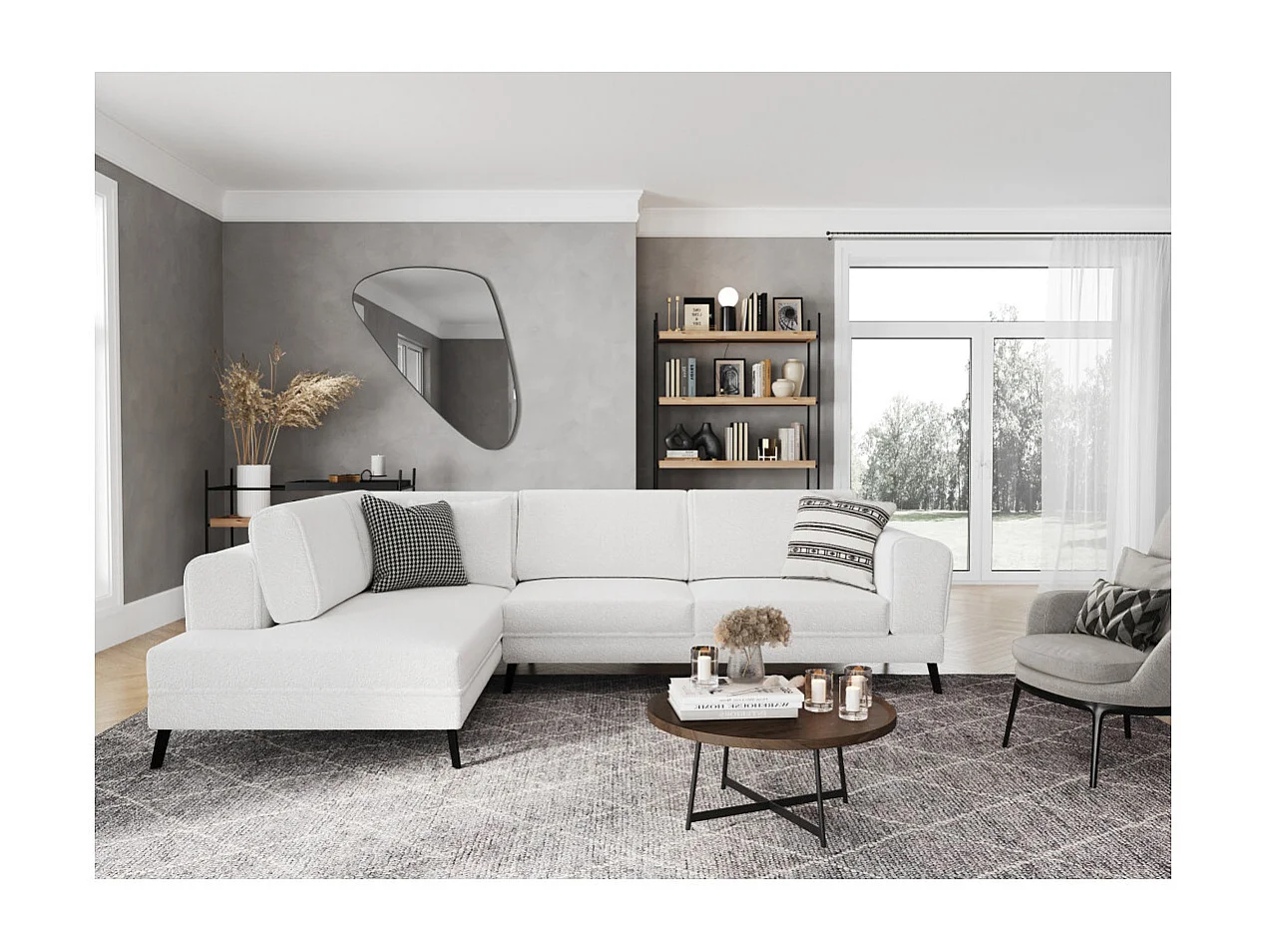 Canapé d'angle gauche 4 places India convertible 2 coffres en bouclettes - Blanc - L304 x 212 x 86cm - Loungitude