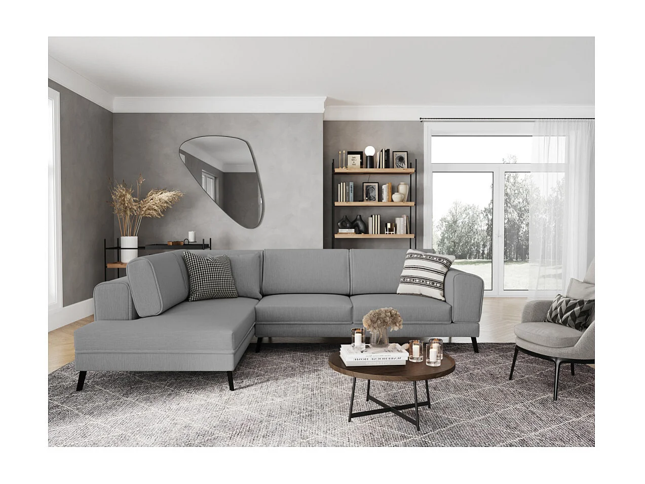 Canapé d'angle gauche 4 places India convertible 2 coffres en tissu - Gris clair - L304 x 212 x 86cm - Loungitude