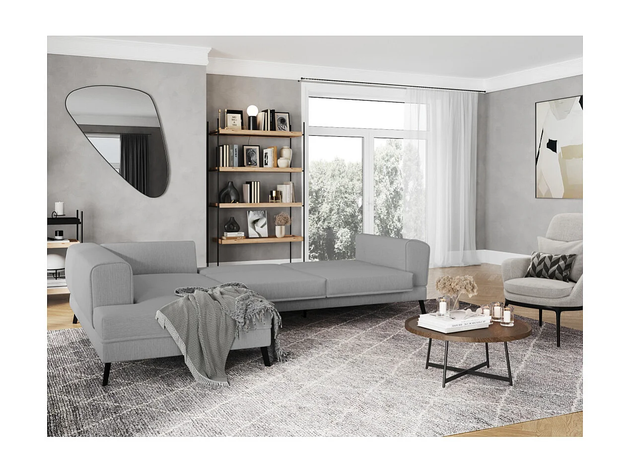 Canapé d'angle gauche 4 places India convertible 2 coffres en tissu - Gris clair - L304 x 212 x 86cm - Loungitude