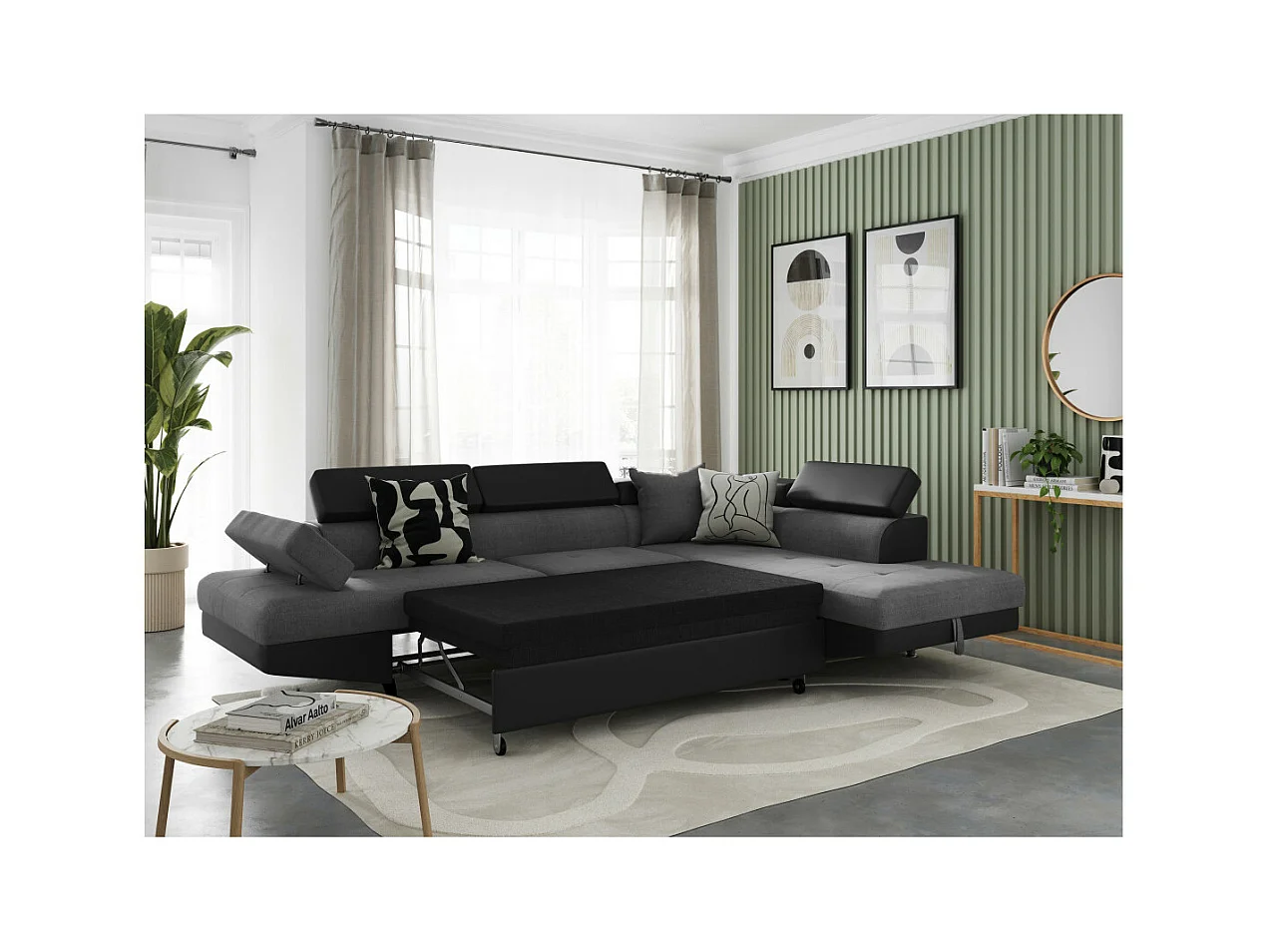 Canapé d'angle droit 5 places Rio Convertible avec coffre en tissu et simili - Gris/Noir - L271 x P192 x H70cm - Loungitude