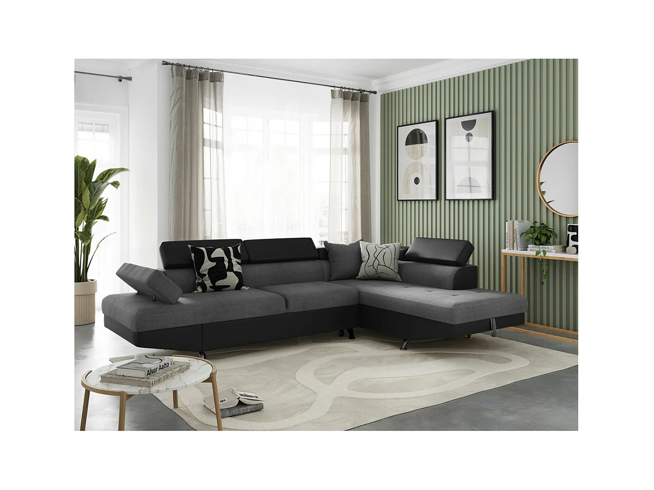 Canapé d'angle droit 5 places Rio Convertible avec coffre en tissu et simili - Gris/Noir - L271 x P192 x H70cm - Loungitude