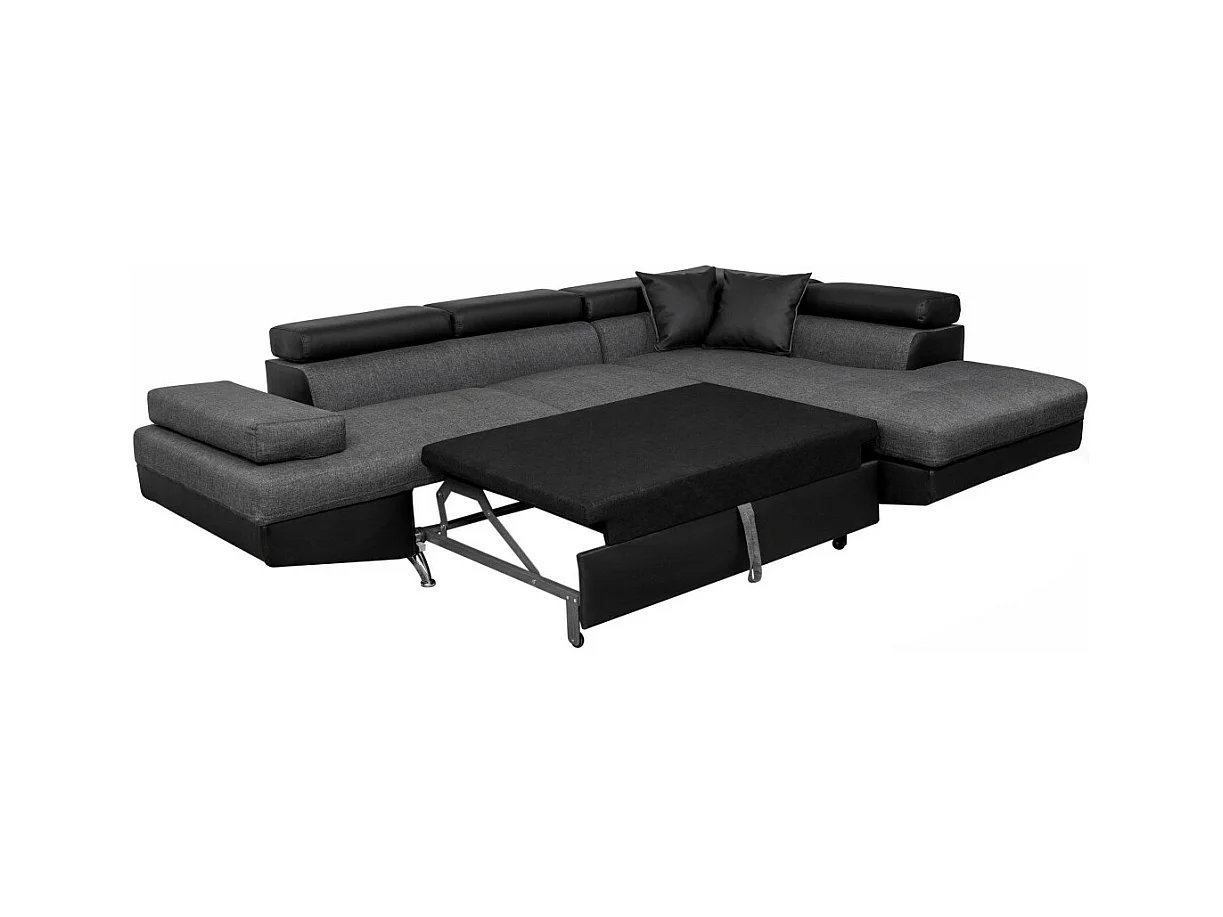 Canapé d'angle droit 5 places Rio Convertible avec coffre en tissu et simili - Gris/Noir - L271 x P192 x H70cm - Loungitude